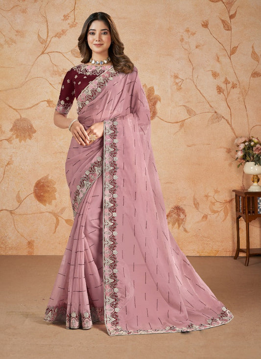 Pink Party Wear Heavy Border Saree With Embroidery and Sequins Work