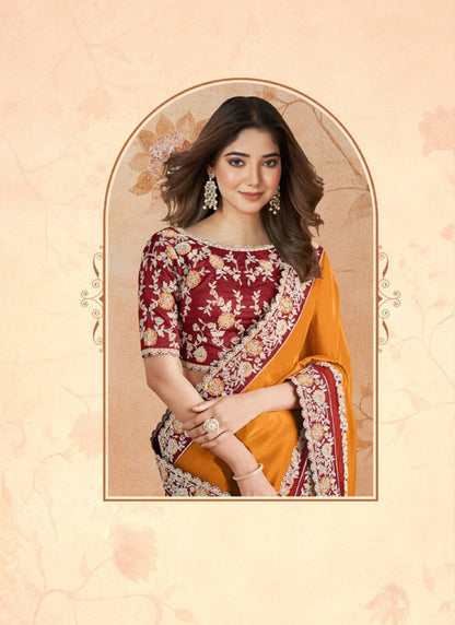 Orange Party Wear Heavy Border Saree With Embroidery and Sequins Work