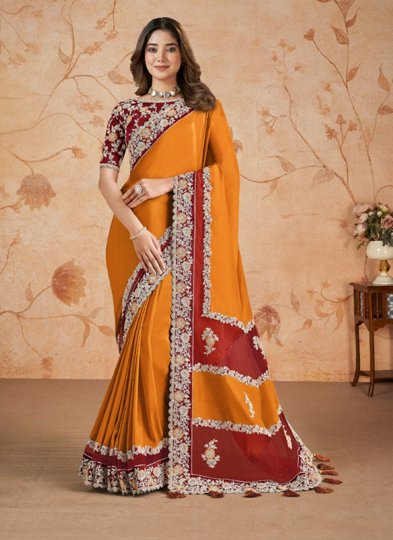 Orange Party Wear Heavy Border Saree With Embroidery and Sequins Work