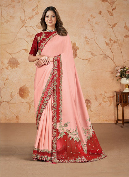 Peach Party Wear Heavy Border Saree With Embroidery and Sequins Work