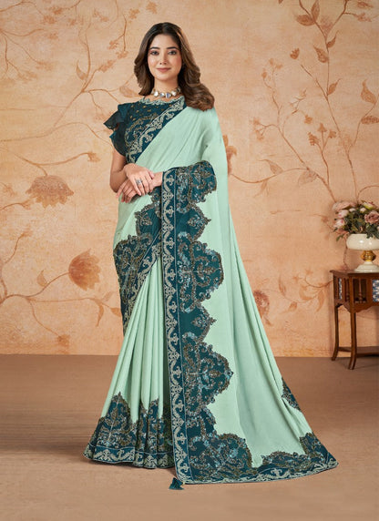 Sea Green Party Wear Heavy Border Saree With Embroidery and Sequins Work