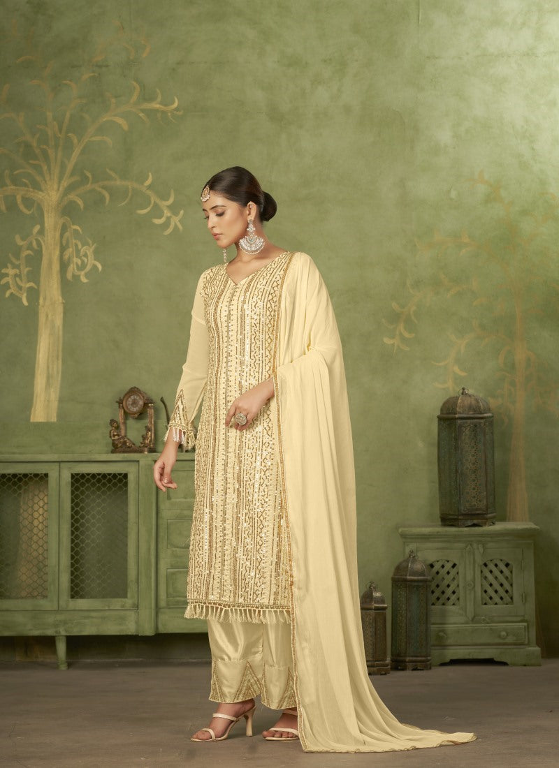 Beige Georgette Straight Cut Palazzo Suit With Embroidery Work