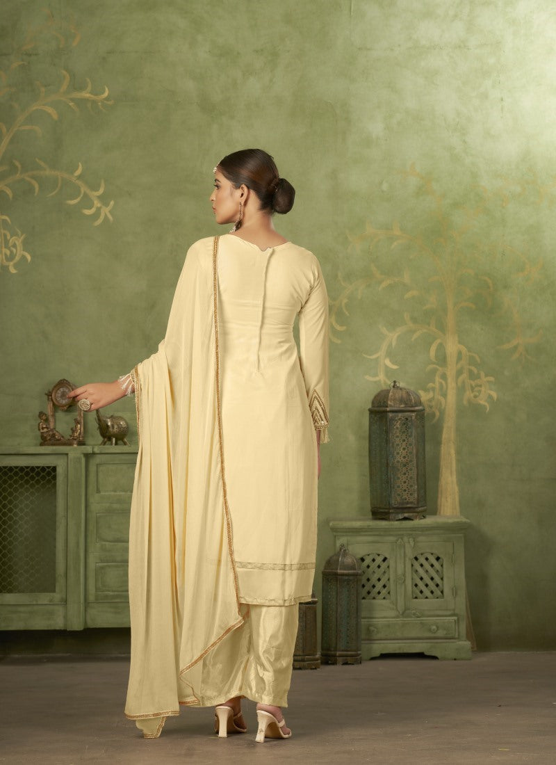 Beige Georgette Straight Cut Palazzo Suit With Embroidery Work