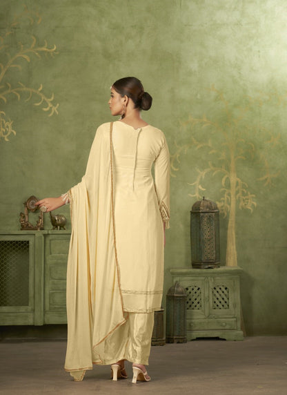 Beige Georgette Straight Cut Palazzo Suit With Embroidery Work