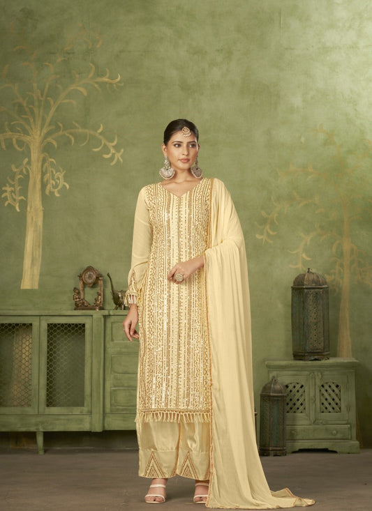 Beige Georgette Straight Cut Palazzo Suit With Embroidery Work