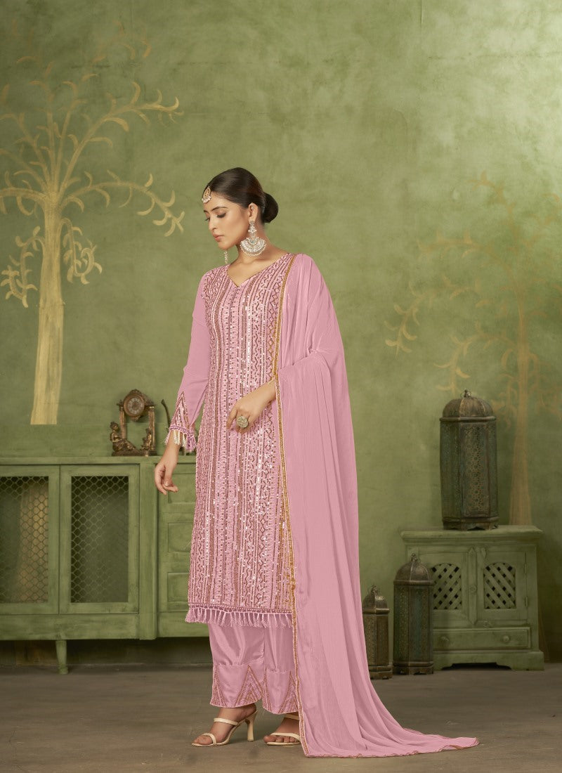 Pink Georgette Straight Cut Palazzo Suit With Embroidery Work