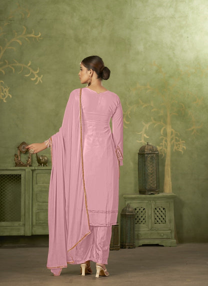 Pink Georgette Straight Cut Palazzo Suit With Embroidery Work