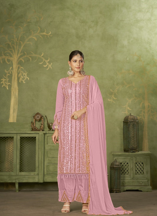 Pink Georgette Straight Cut Palazzo Suit With Embroidery Work