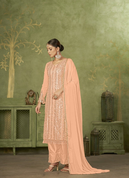 Peach Georgette Straight Cut Palazzo Suit With Embroidery Work