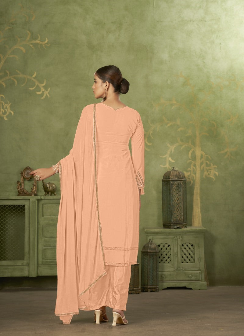 Peach Georgette Straight Cut Palazzo Suit With Embroidery Work