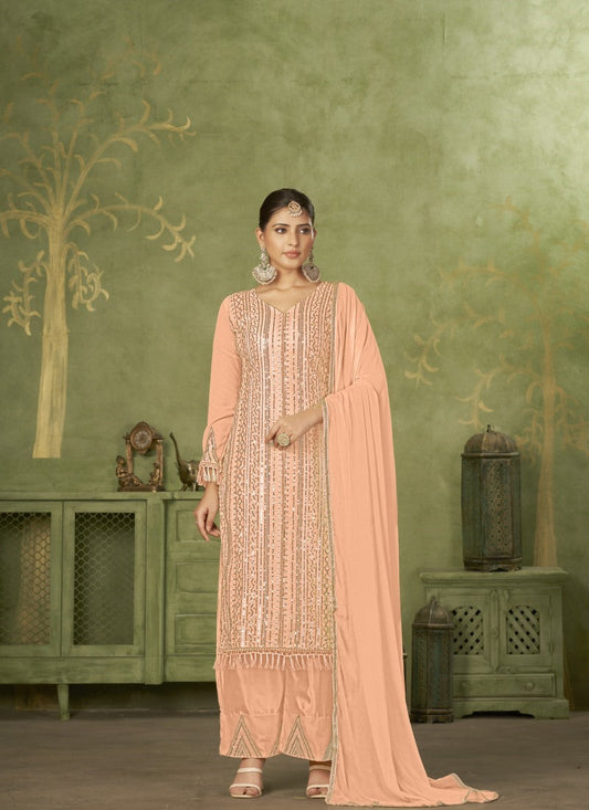 Peach Georgette Straight Cut Palazzo Suit With Embroidery Work