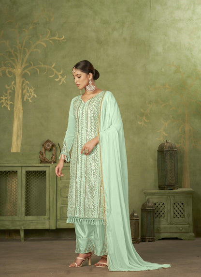 Sea Green Georgette Straight Cut Palazzo Suit With Embroidery Work