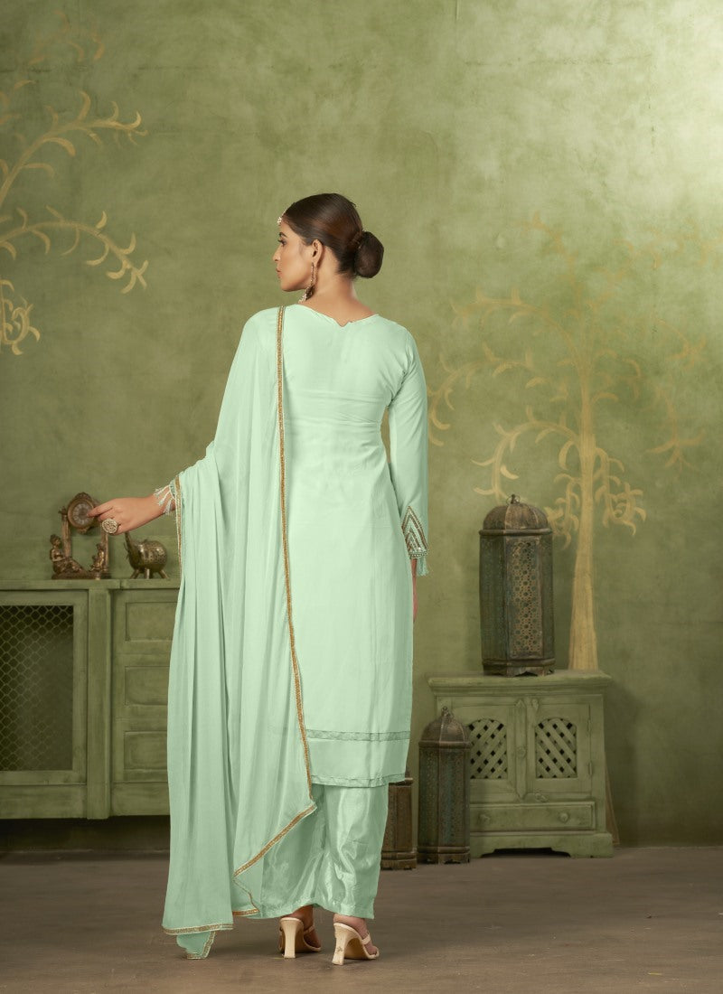 Sea Green Georgette Straight Cut Palazzo Suit With Embroidery Work