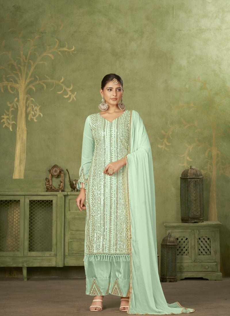 Sea Green Georgette Straight Cut Palazzo Suit With Embroidery Work