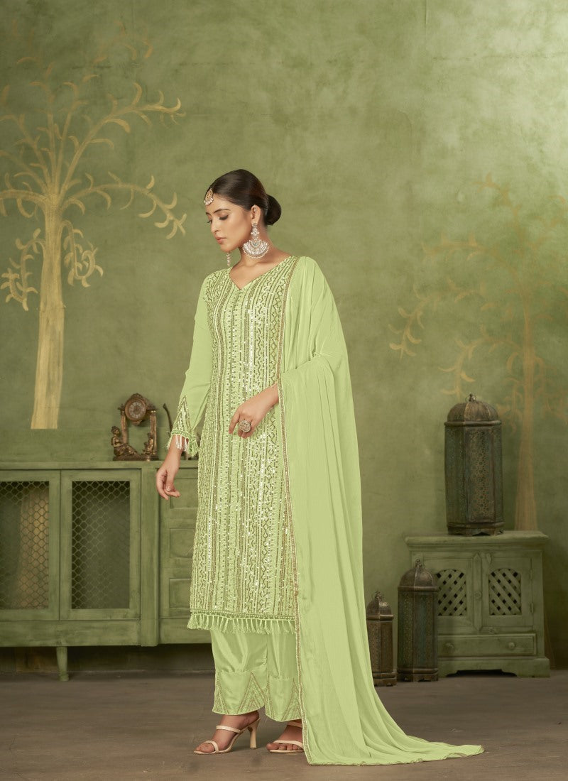 Green Georgette Straight Cut Palazzo Suit With Embroidery Work