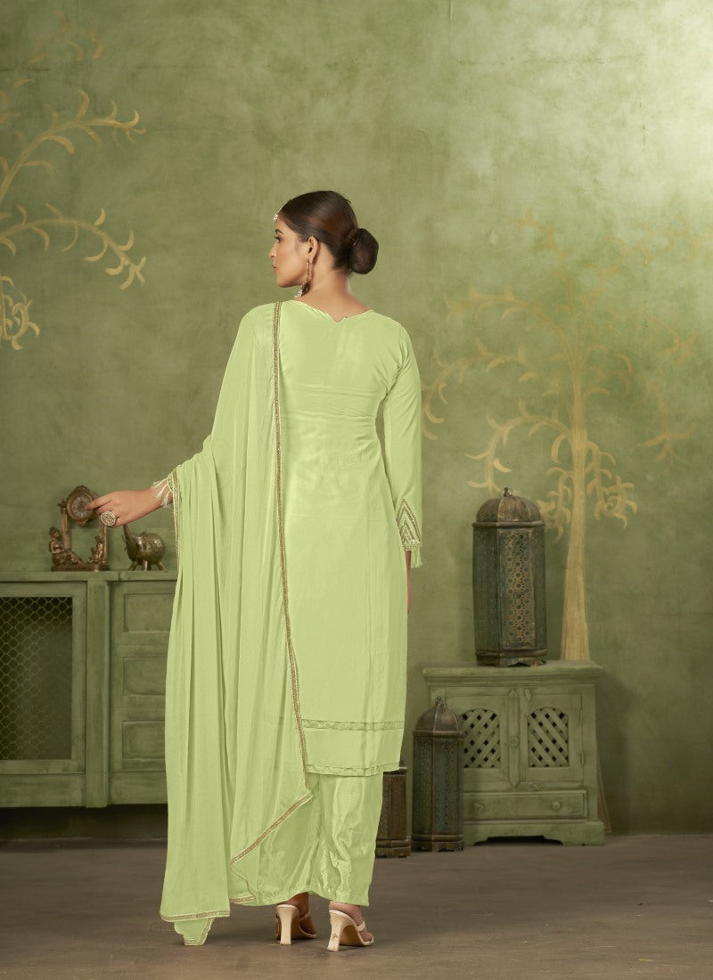 Green Georgette Straight Cut Palazzo Suit With Embroidery Work