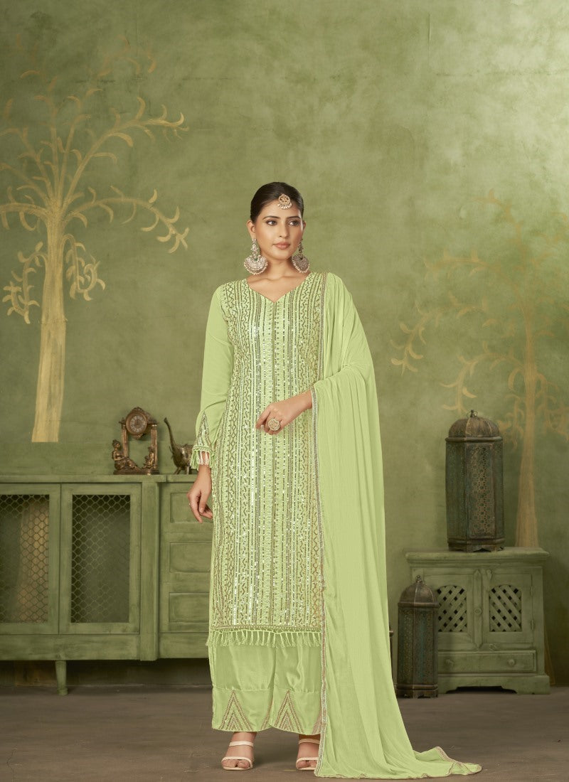 Green Georgette Straight Cut Palazzo Suit With Embroidery Work