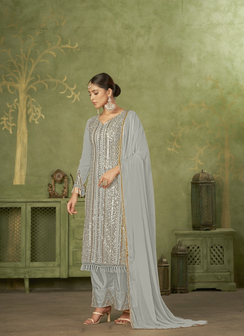 Grey Georgette Straight Cut Palazzo Suit With Embroidery Work