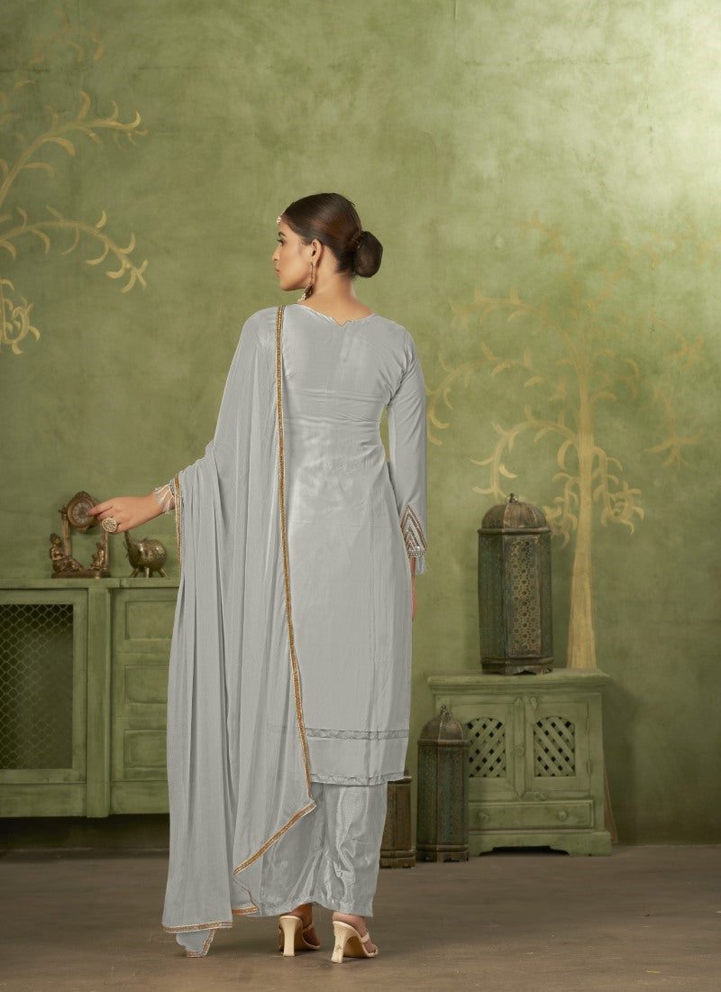 Grey Georgette Straight Cut Palazzo Suit With Embroidery Work