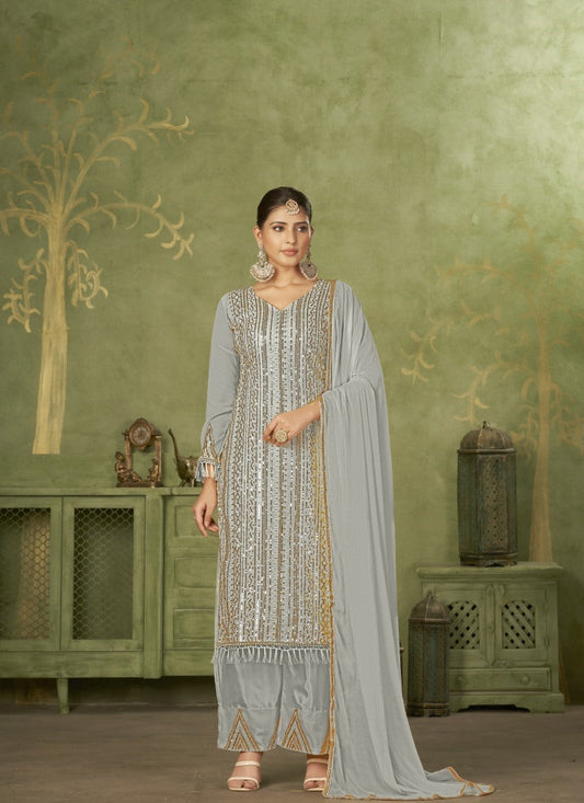 Grey Georgette Straight Cut Palazzo Suit With Embroidery Work