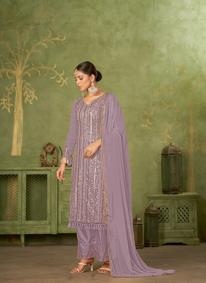 Purple Georgette Straight Cut Palazzo Suit With Embroidery Work