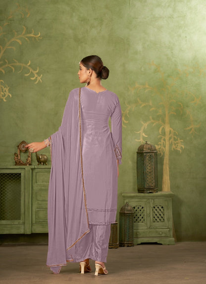 Purple Georgette Straight Cut Palazzo Suit With Embroidery Work