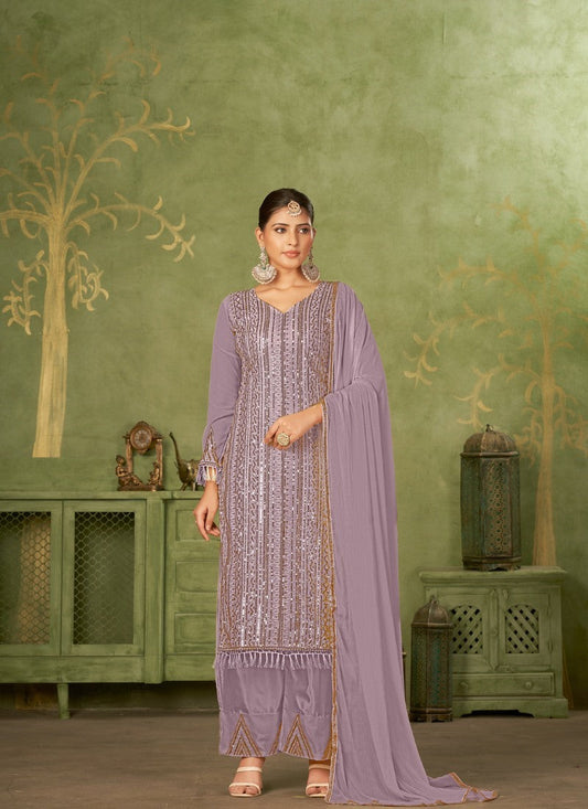 Purple Georgette Straight Cut Palazzo Suit With Embroidery Work