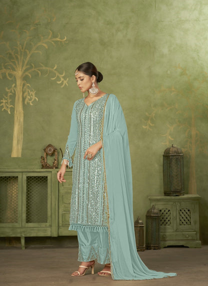 Sky Blue Georgette Straight Cut Palazzo Suit With Embroidery Work