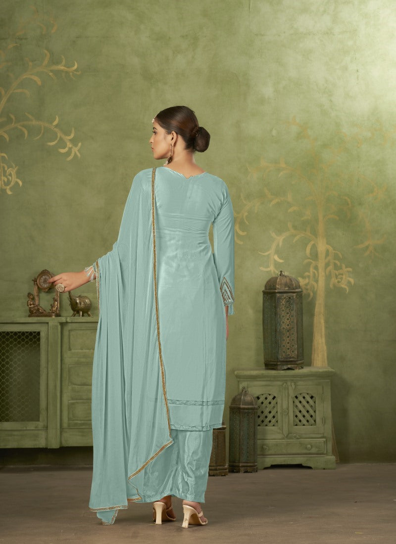 Sky Blue Georgette Straight Cut Palazzo Suit With Embroidery Work