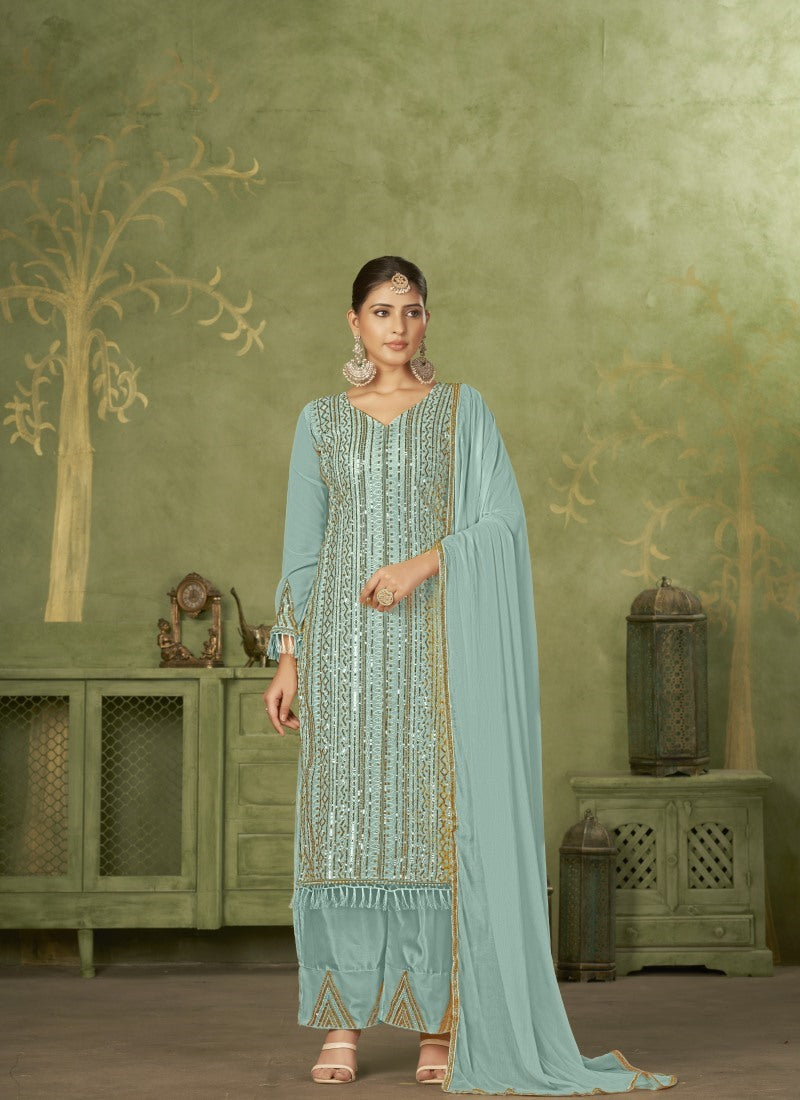 Sky Blue Georgette Straight Cut Palazzo Suit With Embroidery Work