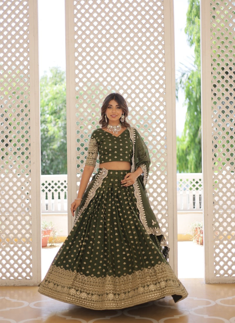 Green Lehenga Choli With Embroidery and Sequins Work