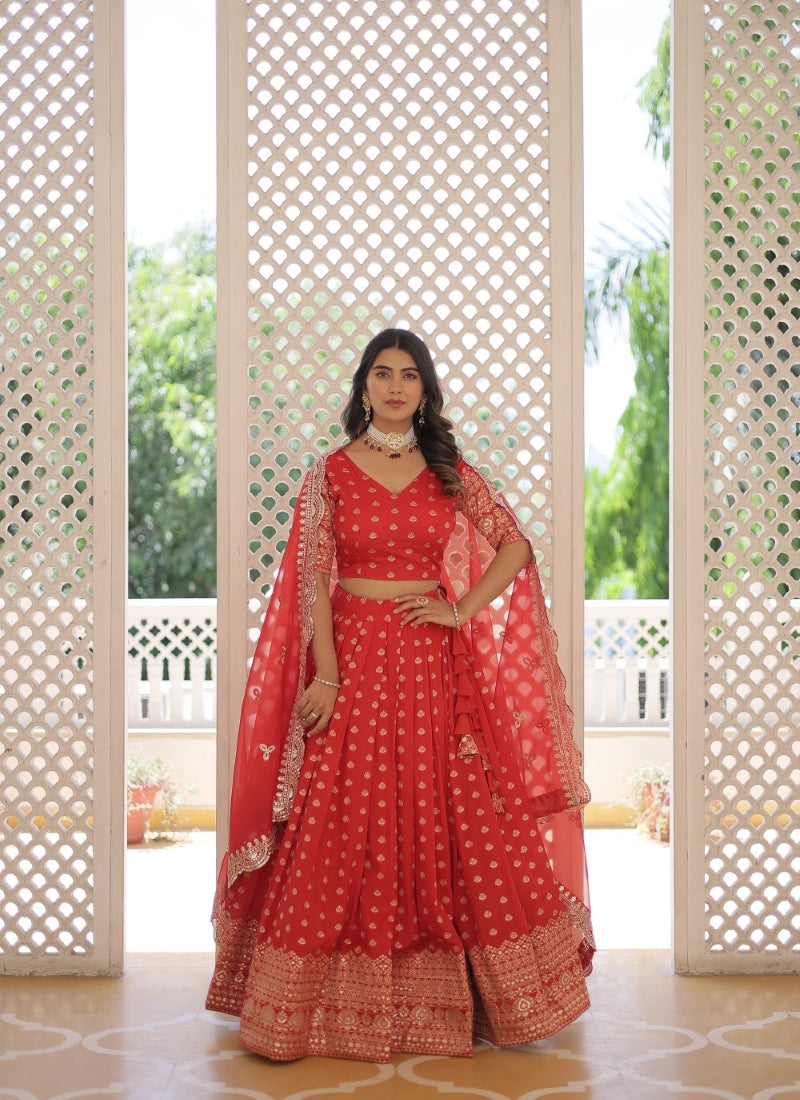 Red Lehenga Choli With Embroidery and Sequins Work