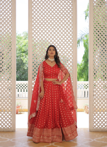 Red Lehenga Choli With Embroidery and Sequins Work