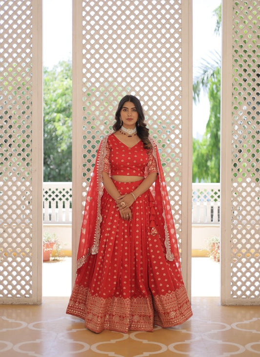 Red Lehenga Choli With Embroidery and Sequins Work