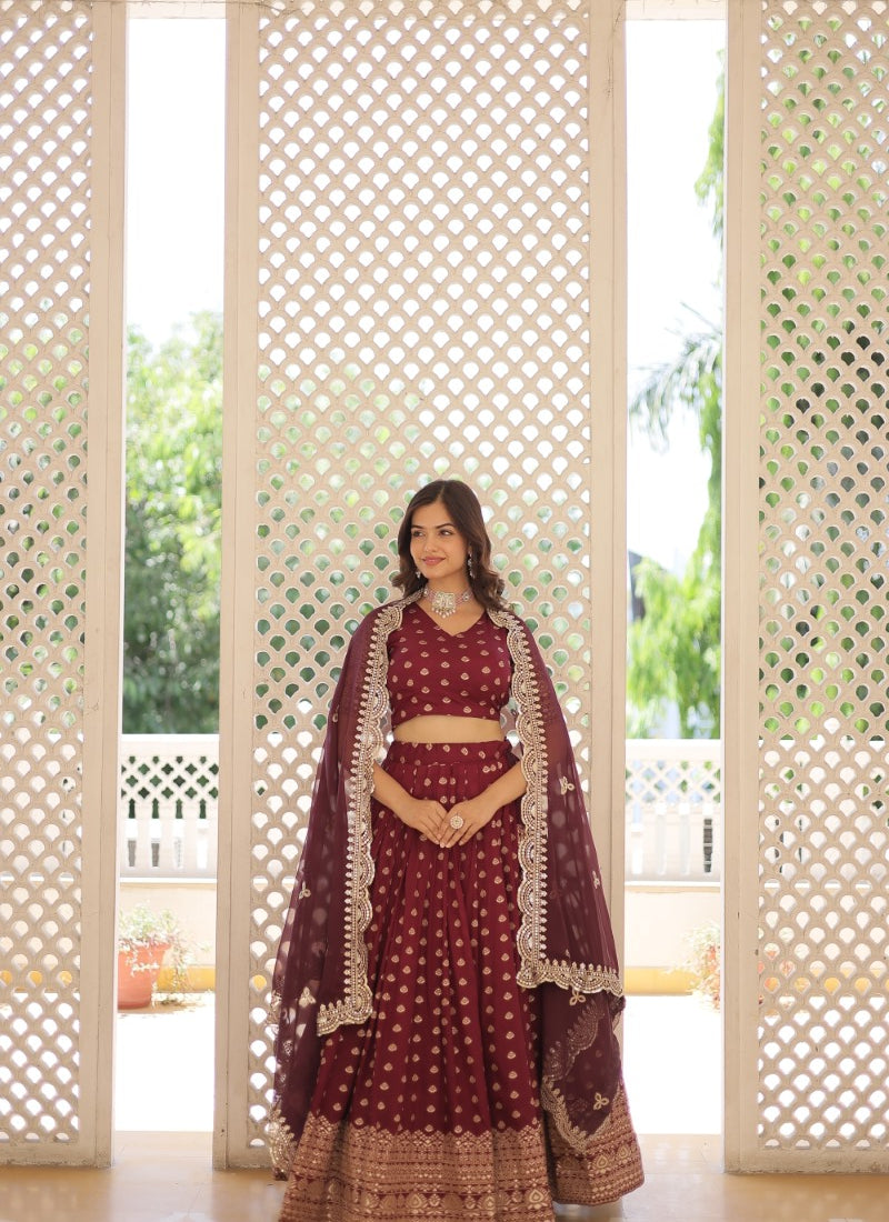 Wine Lehenga Choli With Embroidery and Sequins Work