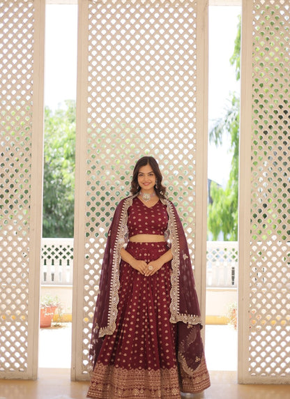 Wine Lehenga Choli With Embroidery and Sequins Work