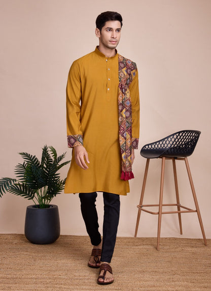 Yellow Silk Navratri Kurta Pajama With Sequins and Embroidery Work