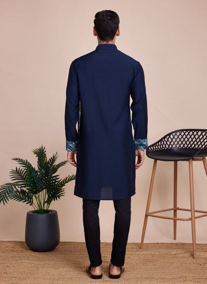 Navy Blue Silk Navratri Kurta Pajama With Sequins and Embroidery Work