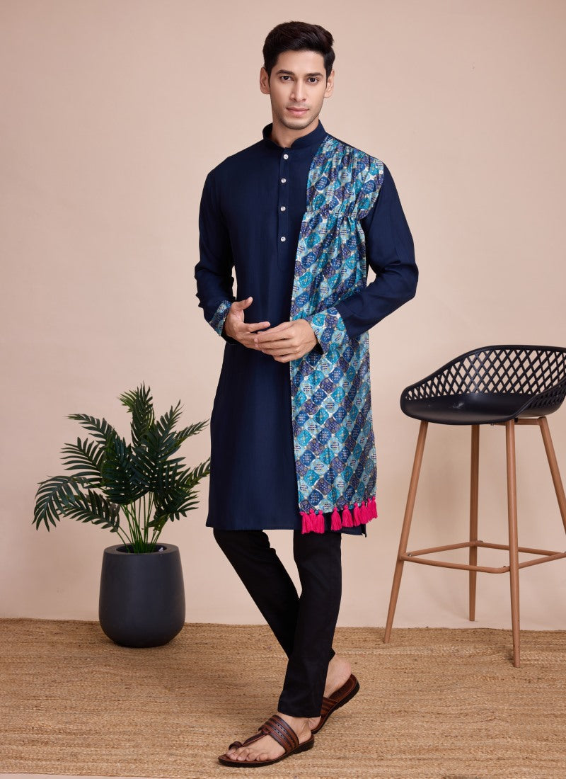 Navy Blue Silk Navratri Kurta Pajama With Sequins and Embroidery Work