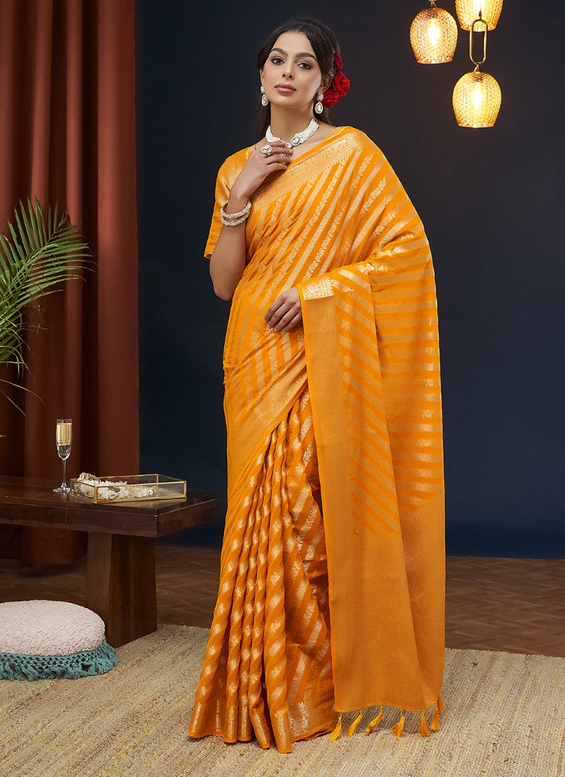 2024 Yellow And Peach Banarasi Silk Saree For Woman Flowy Light Weight Saree Party-wear Saree