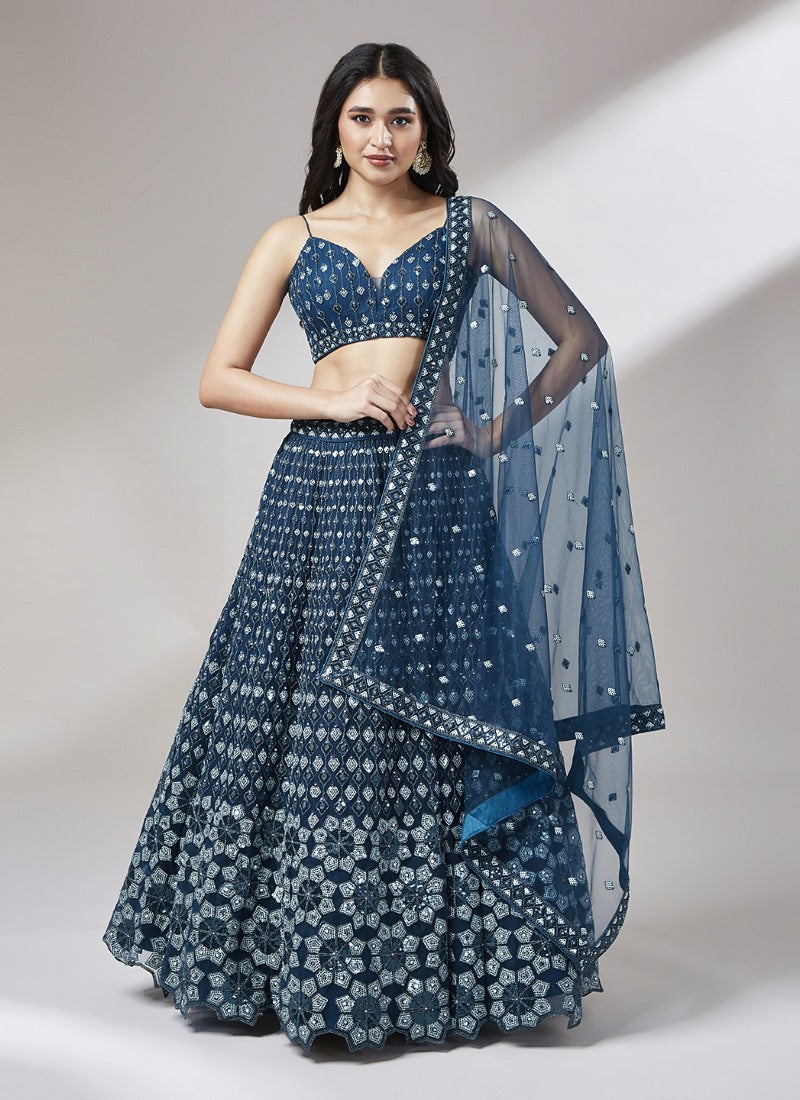 Blue Lucknowi Bridal Lehenga Choli With Embroidery, Thread Work and Sequins Work