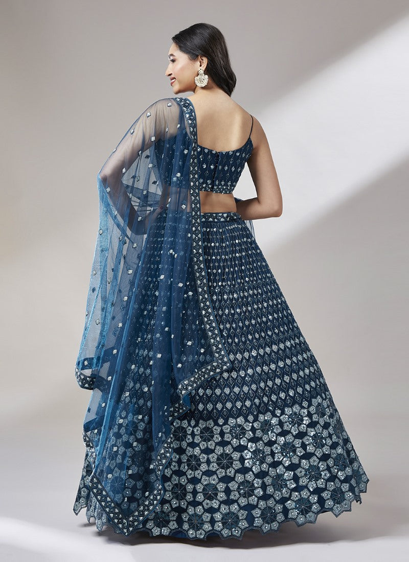 Blue Lucknowi Bridal Lehenga Choli With Embroidery, Thread Work and Sequins Work