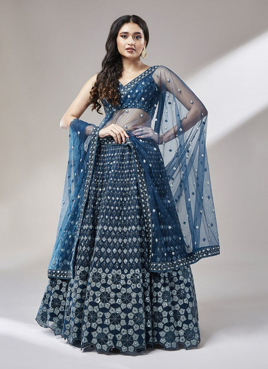 Blue Lucknowi Bridal Lehenga Choli With Embroidery, Thread Work and Sequins Work 