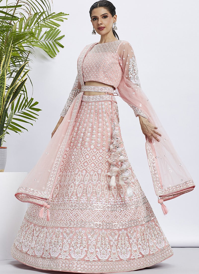 Pink Lucknowi Bridal Lehenga Choli With Embroidery, Thread Work and Sequins Work