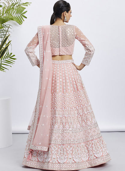 Pink Lucknowi Bridal Lehenga Choli With Embroidery, Thread Work and Sequins Work