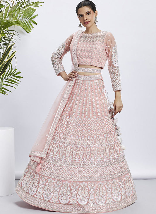 Pink Lucknowi Bridal Lehenga Choli With Embroidery, Thread Work and Sequins Work 