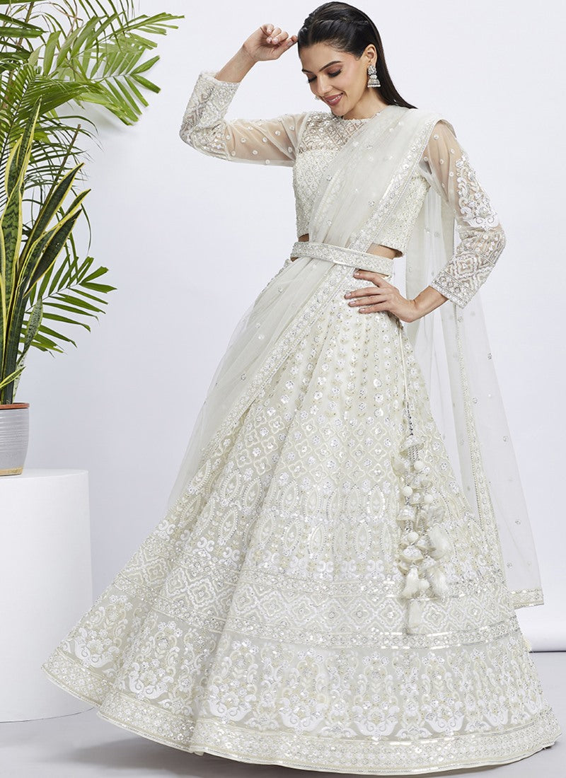 White Lucknowi Bridal Lehenga Choli With Embroidery, Thread Work and Sequins Work