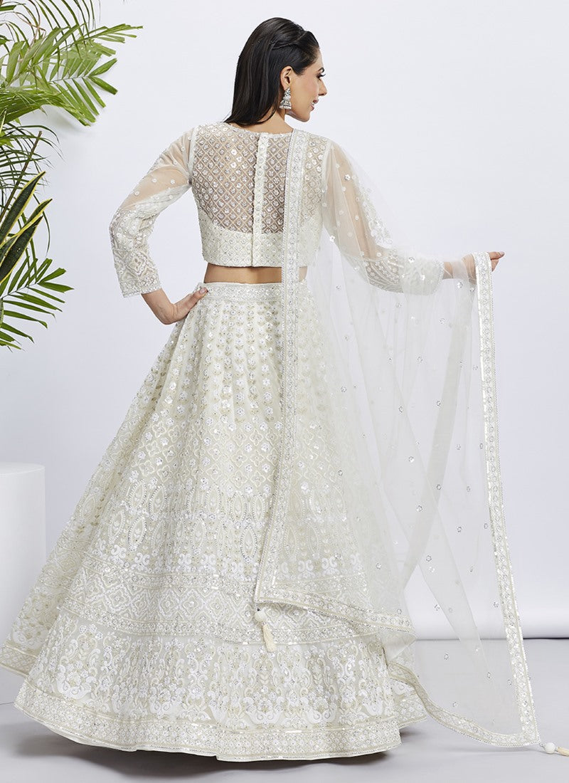 White Lucknowi Bridal Lehenga Choli With Embroidery, Thread Work and Sequins Work