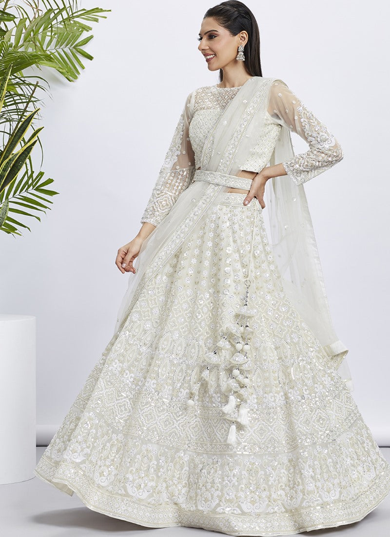 White Lucknowi Bridal Lehenga Choli With Embroidery, Thread Work and Sequins Work 