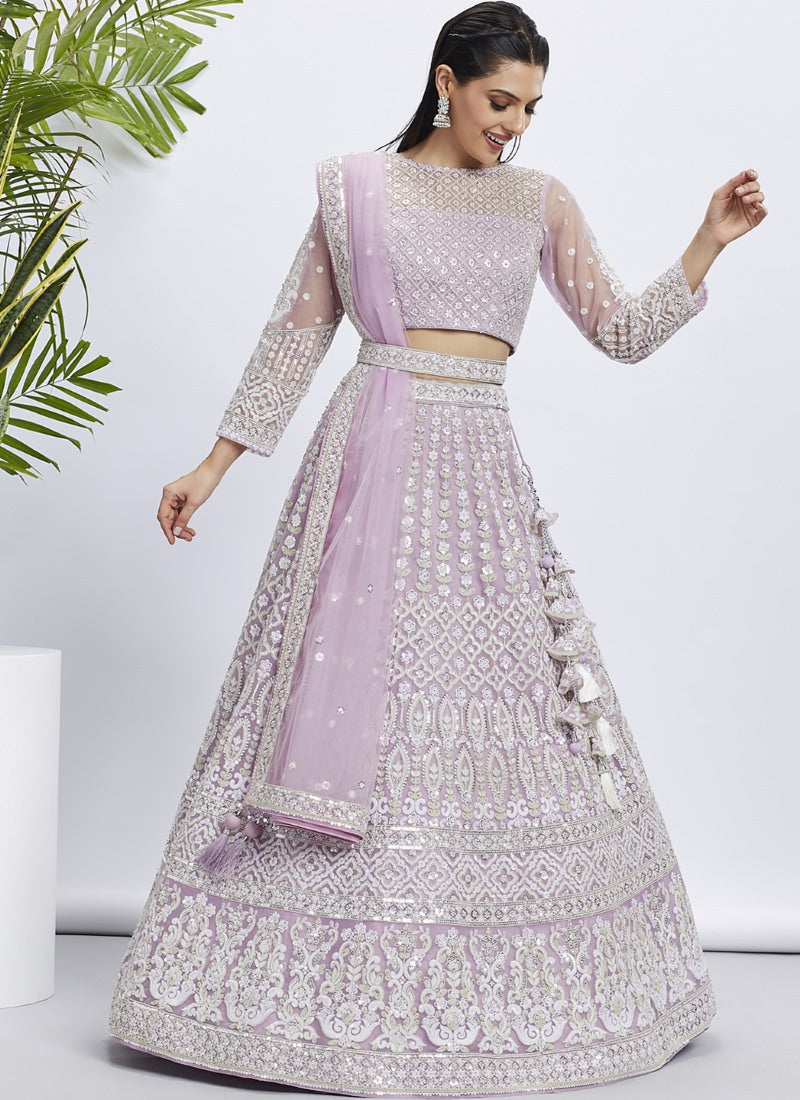 Lavender Lucknowi Bridal Lehenga Choli With Embroidery, Thread Work and Sequins Work